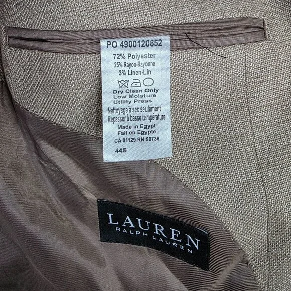 Mens Lauren Ralph Lauren Tan Two Button Classic Twill Suit Blazer Size 44S